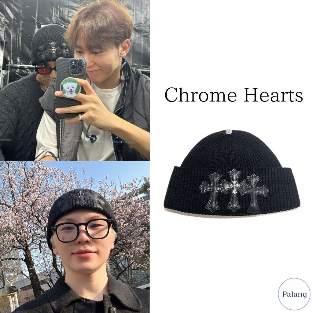 【SEVENTEEN ミンギュ・ウジ】CHROME HEARTS トリプル レザー クロス ロゴ ビーニー - Palang ‐ KpopFashionStore