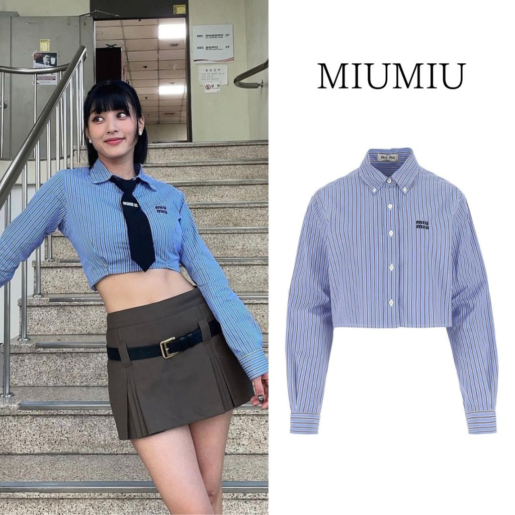 【TWICE ジヒョ】MiuMiu ストライプ クロップドシャツ - Palang ‐ KpopFashionStore
