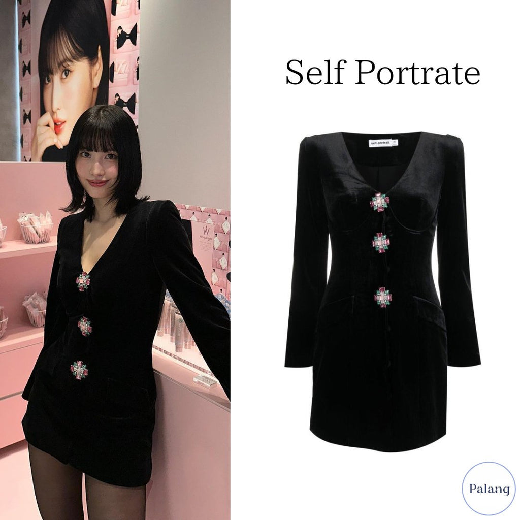 【TWICE モモ】SELF PORTRAIT ブラック ベルベット V ネック ミニ ドレス - Palang ‐ KpopFashionStore